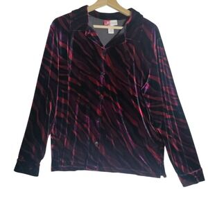 MJ Collection Dark Zebra Print  Velvet Button Front Blouse Size Large